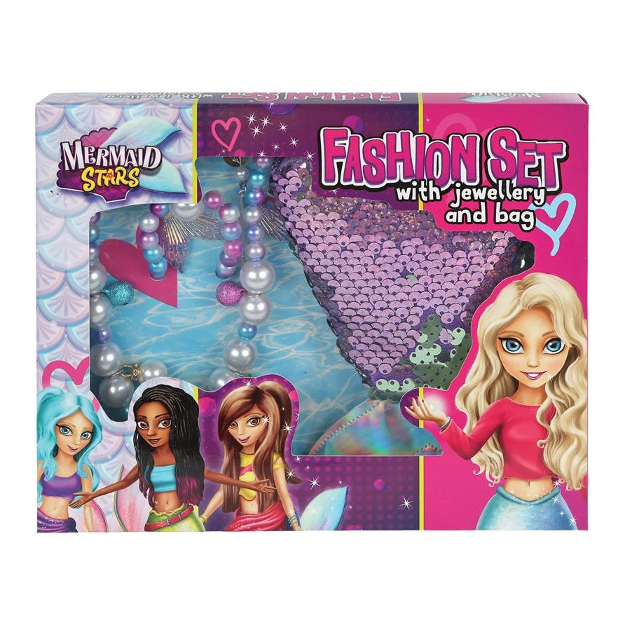 Set moda stelle sirena con gioielli e borsa glitterata