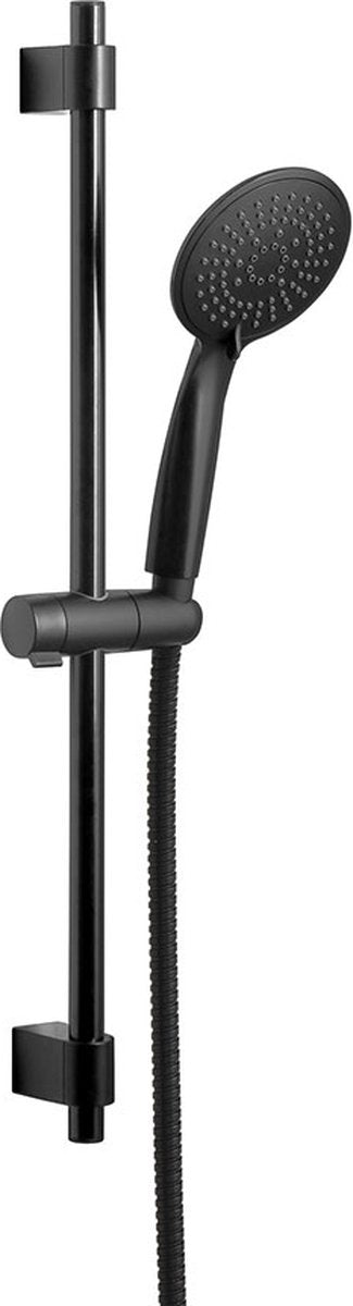 Set de ducha Wenko young line en negro mate con barra de ducha de acero inoxidable de 66 cm, soporte para rociador, rociador de ø11 cm con 5 posiciones y flexo de ducha de 150 cm - negro