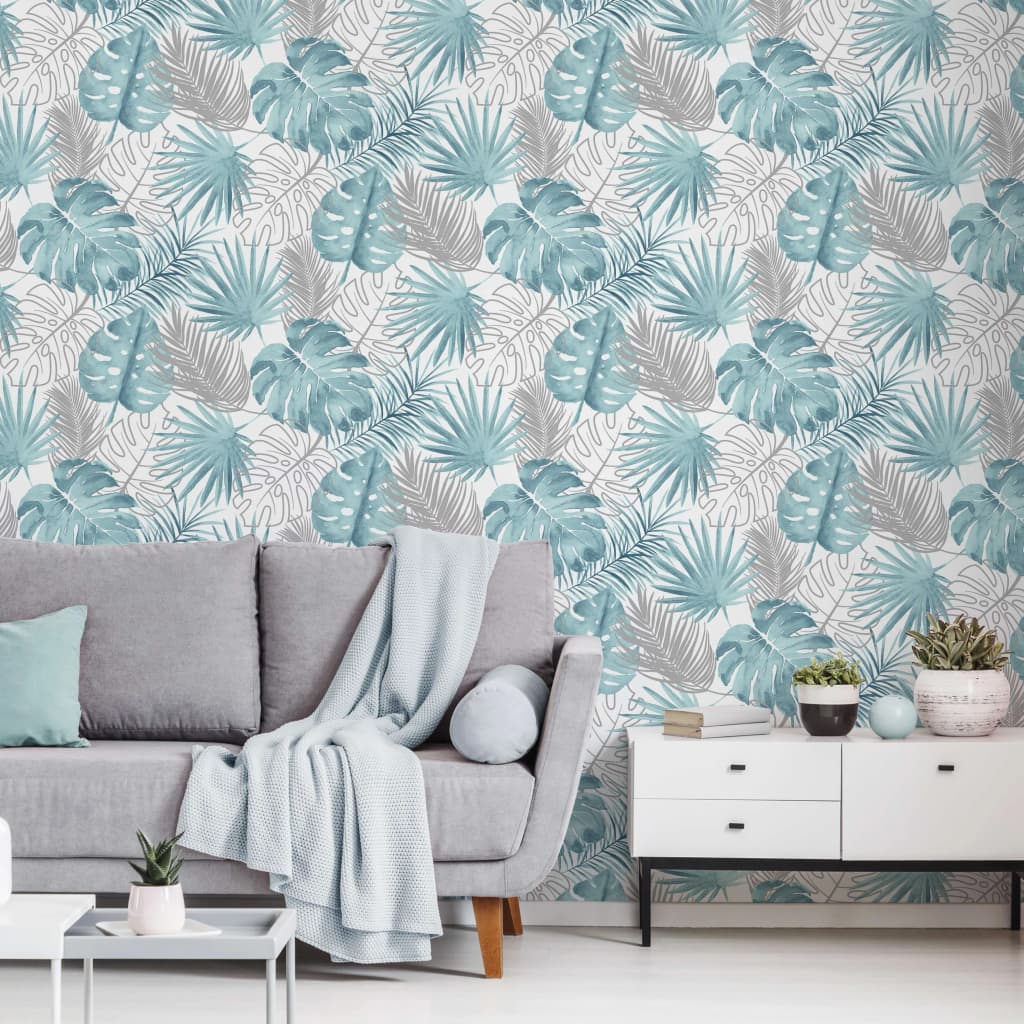 Cubos de paredes holandeses Papel de pared holandés Wallpaper Monstera Hojas azules
