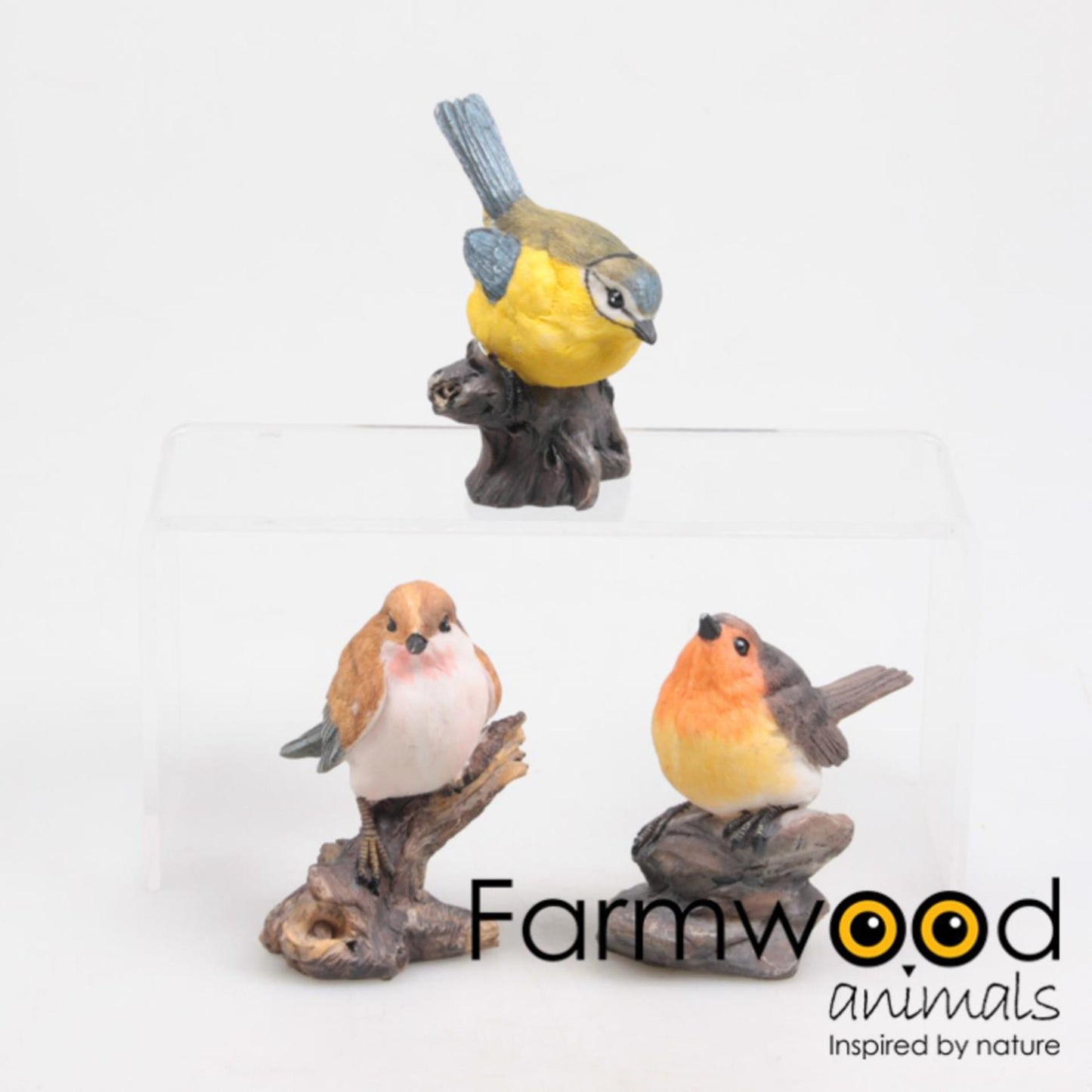 Animales de madera de granja pájaro de madera de granja sobre tocón de piedra 6x3,5x7cm