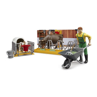 Bruder Bworld Cowshal con vitello e agricoltore