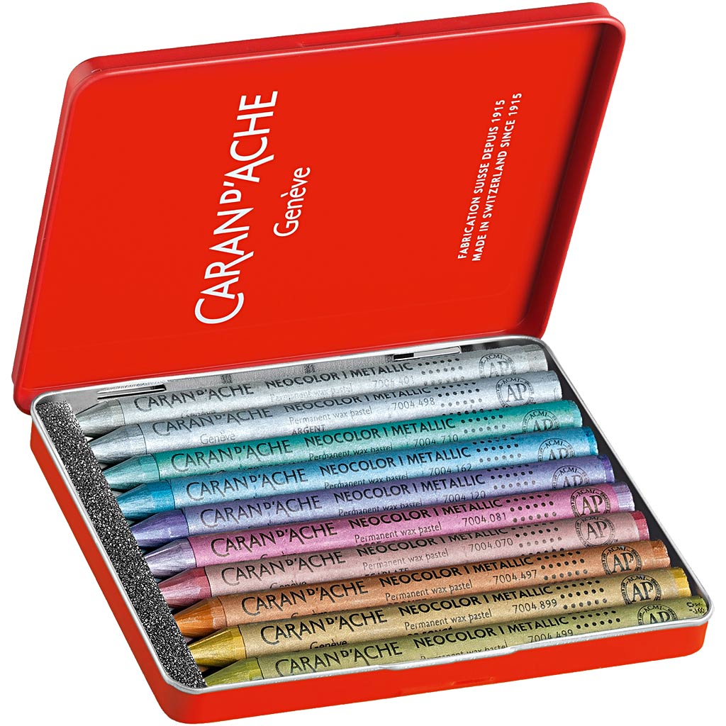 Caran dache caran d'ache neocolor i, l: 10 cm, spessore 8,5 mm, colori metallizzati, 10 pezzi 1 scatola