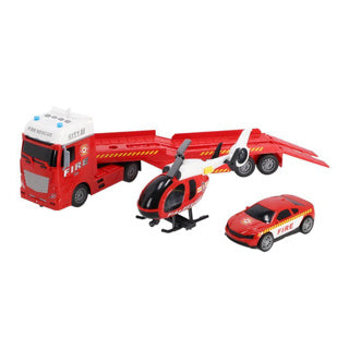 Ruote rapide brigata di vigili del fuoco autotransporter con auto ed elicottero con luce, suono e attrito