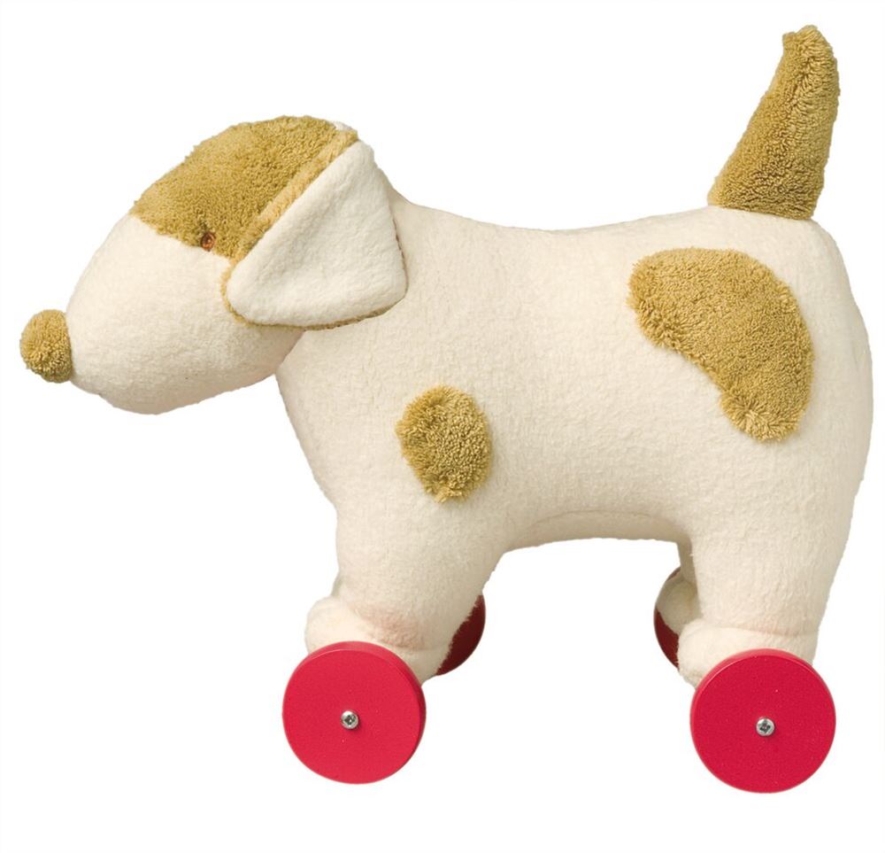 Perro 32 cm sobre ruedas.
