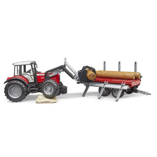 Bruder Massey Ferguson 7480 con cargador frontal y remolque de madera