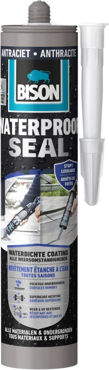 Bison waterproof seal anthracite tube 290 ml, waterproof coating, all weather conditions, waterproofing, roof transitions, carports, caravans, gutter repair