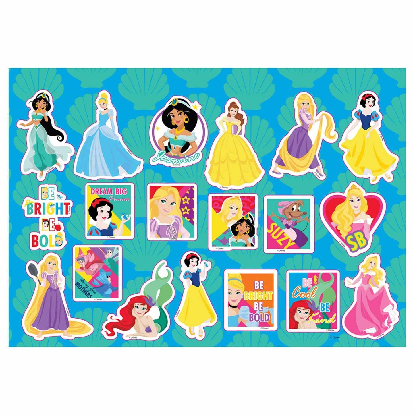 Pagine da colorare della principessa Disney con stencil e adesivo.