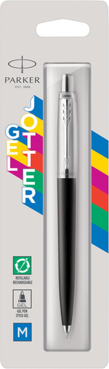 Penna gel Parker Jotter | acciaio inossidabile e nero | punta media con inchiostro blu (0,7 mm)
