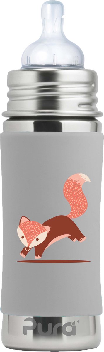 Pura teat bottle 325 ml - plastic-free - drinking bottle - prevents stomach cramps - dishwasher safe - including silicone teat, travel cap and sleeve - top is interchangeable - versatile - gray fox