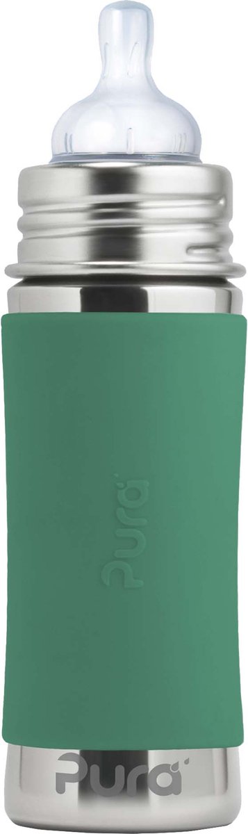 Pura teat bottle 325 ml - plastic-free - drinking bottle - prevents stomach cramps - dishwasher safe - including silicone teat, travel cap and sleeve - top is interchangeable - versatile - mint