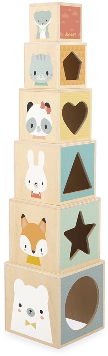 Janod - pure - torre apilable de madera con 6 cubos - motivos numéricos y animales