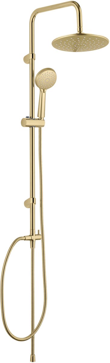 Set de ducha Wenko línea joven en oro mate con ducha efecto lluvia ø22cm, barra de ducha de acero inoxidable 100cm, soporte para rociador, rociador ø10cm con 3 posiciones y flexo de ducha 150cm - set de ducha efecto lluvia - sistema de ducha sin grifo