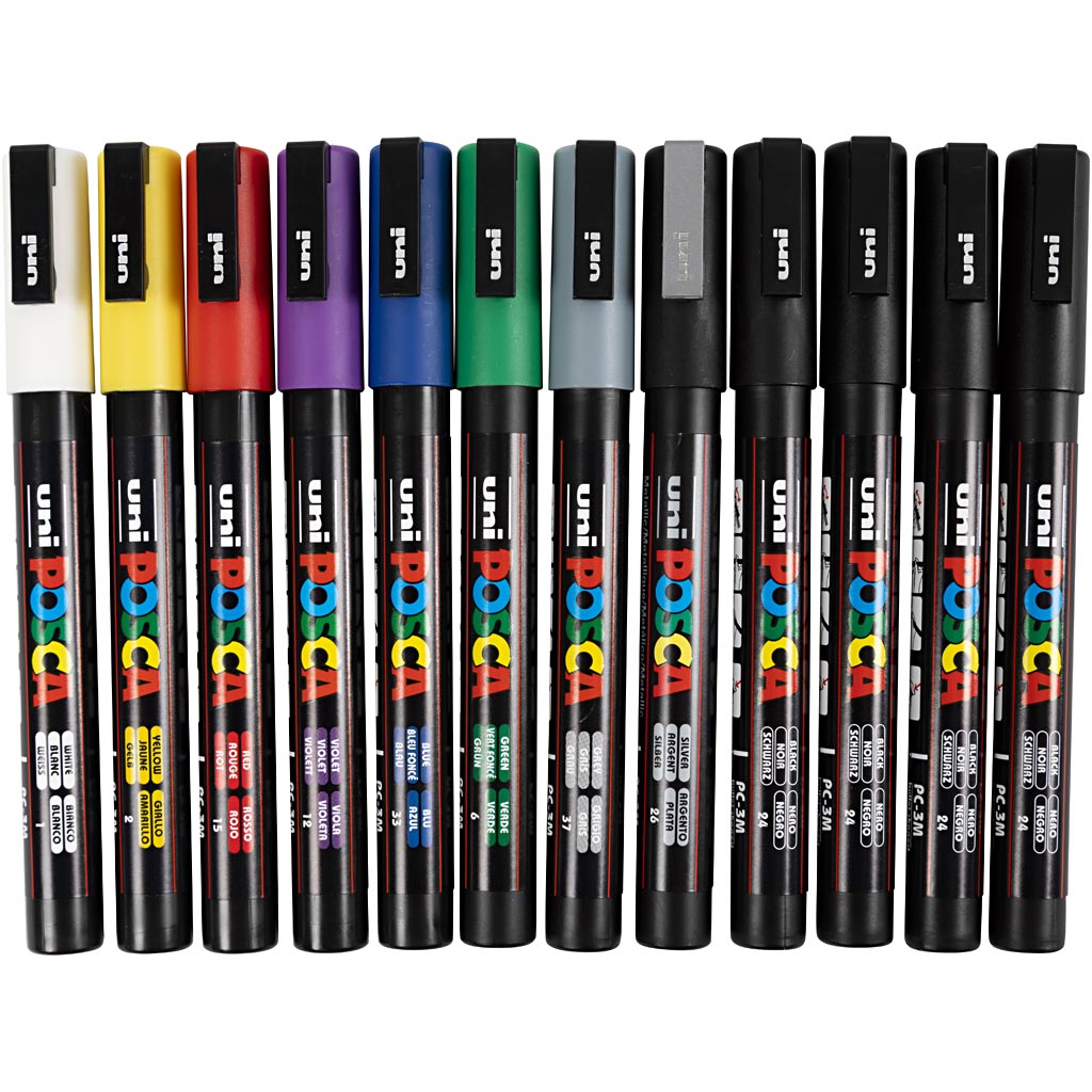 Pennarello Posca Uni-posca, misura pc-3m, larghezza tratto 0,9-1,3 mm, fine, vari colori, 12 pezzi 1 scatola