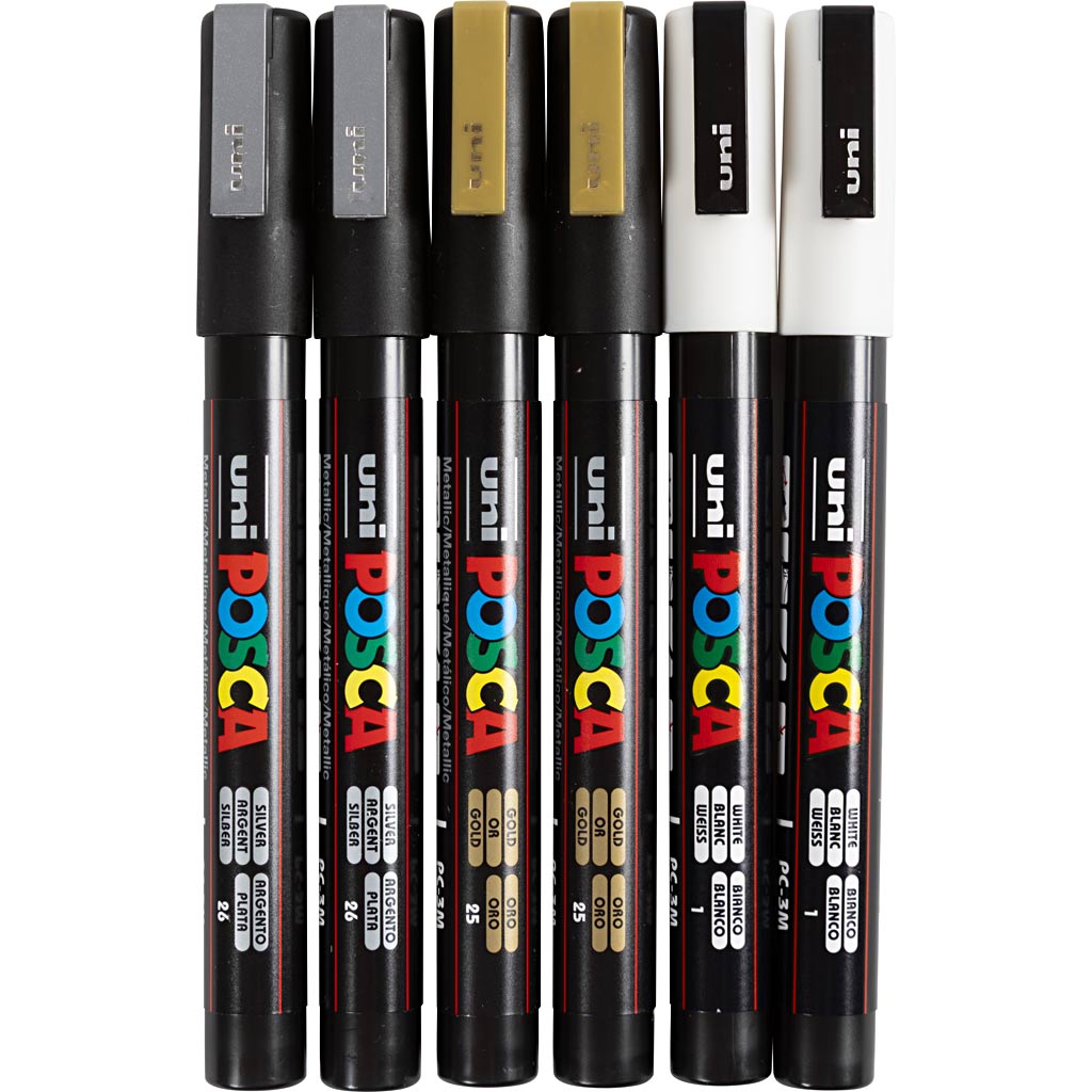 Marcador POSCA uni-Posca, AFM PC-3M, espesor de línea 0.9-1.3 mm, fino, oro, plata, blanco, 6 Div 1 caja