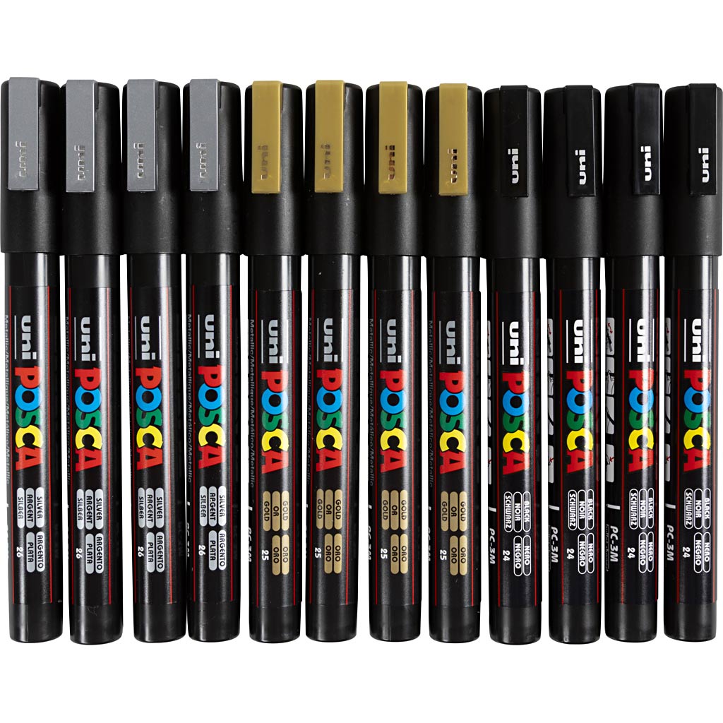 UNI-POSCA POSCA MARKER, AFM PC-3M, spessore della linea 0,9-1,3 mm, fine, nero, oro, argento, 12 div 1 box