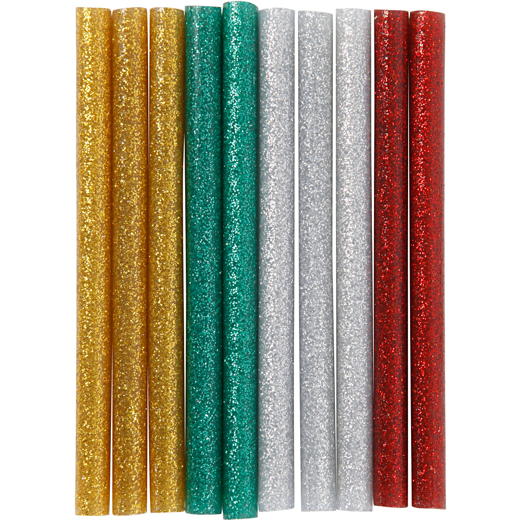 Creativ company barras de pegamento mini, L: 10 cm, D 7 mm, purpurina, dorado, verde, rojo, plateado, 10 unidades 1 caja