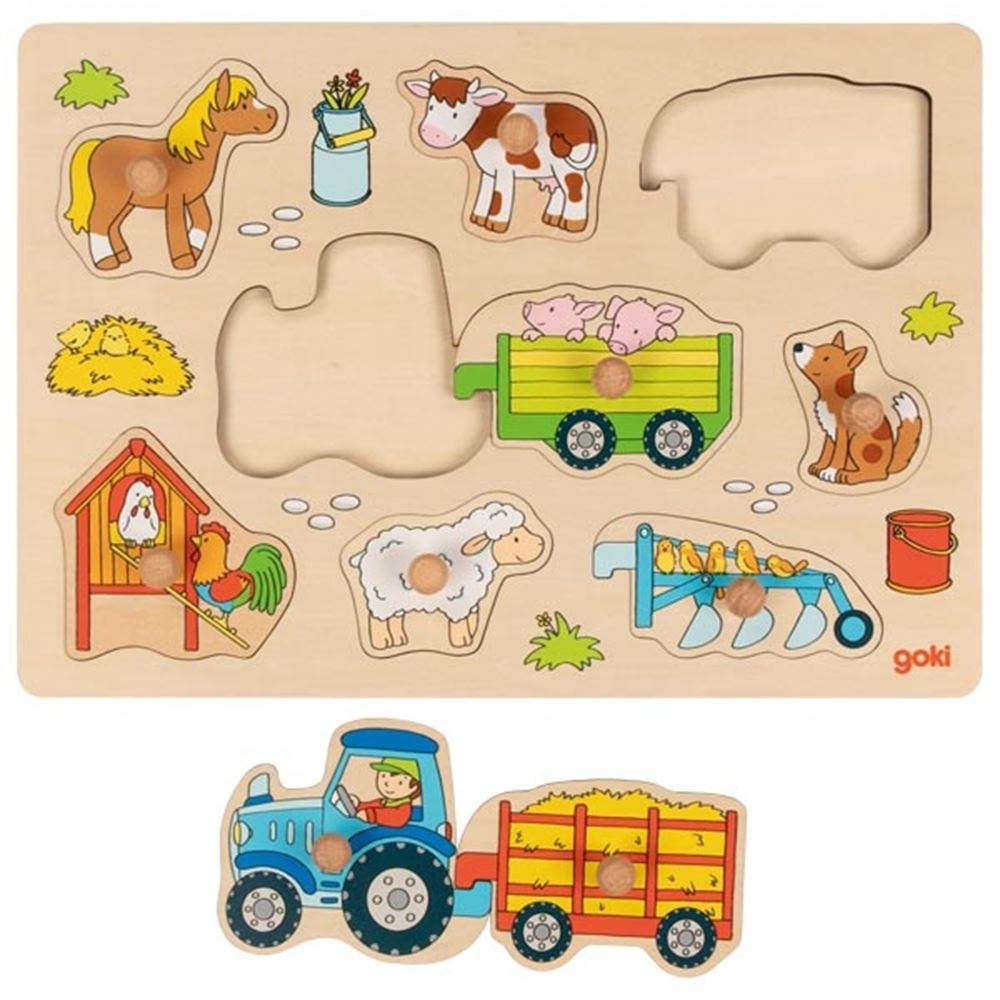 Tractor de rompecabezas de botones con remolques. 9 partes