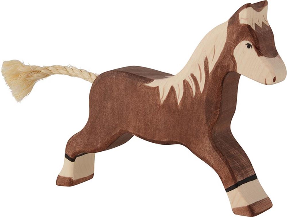 Holztiger paard, rennend, donkerbruin.