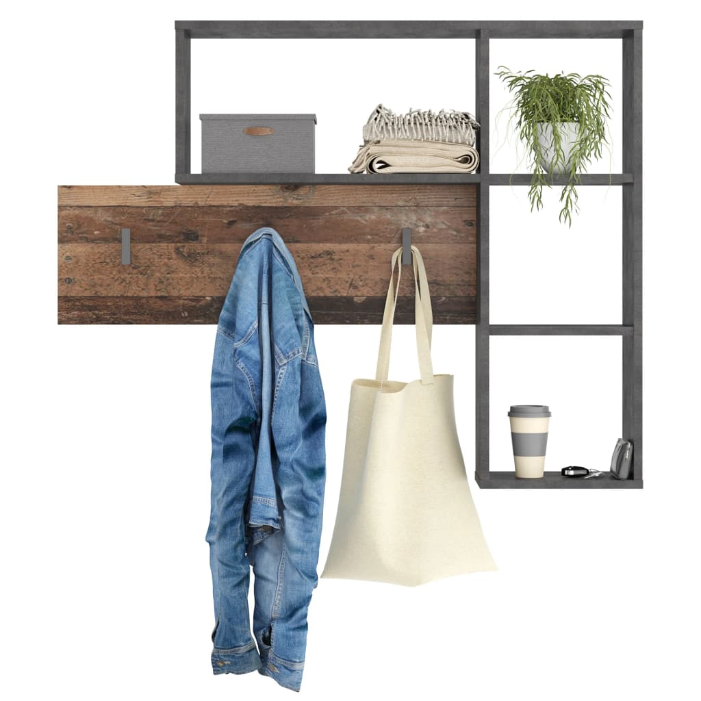FMD FMD FMD Wall Coat Rack con 4 compartimentos abiertos de antracita y marrón oscuro