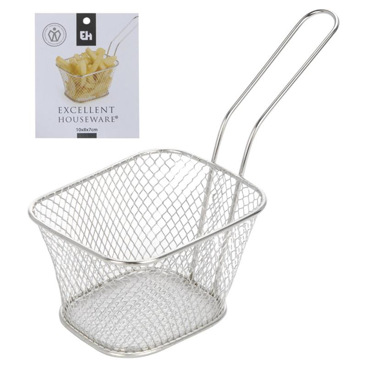 Excelente cesta para freír cromada con asa 10x10cm