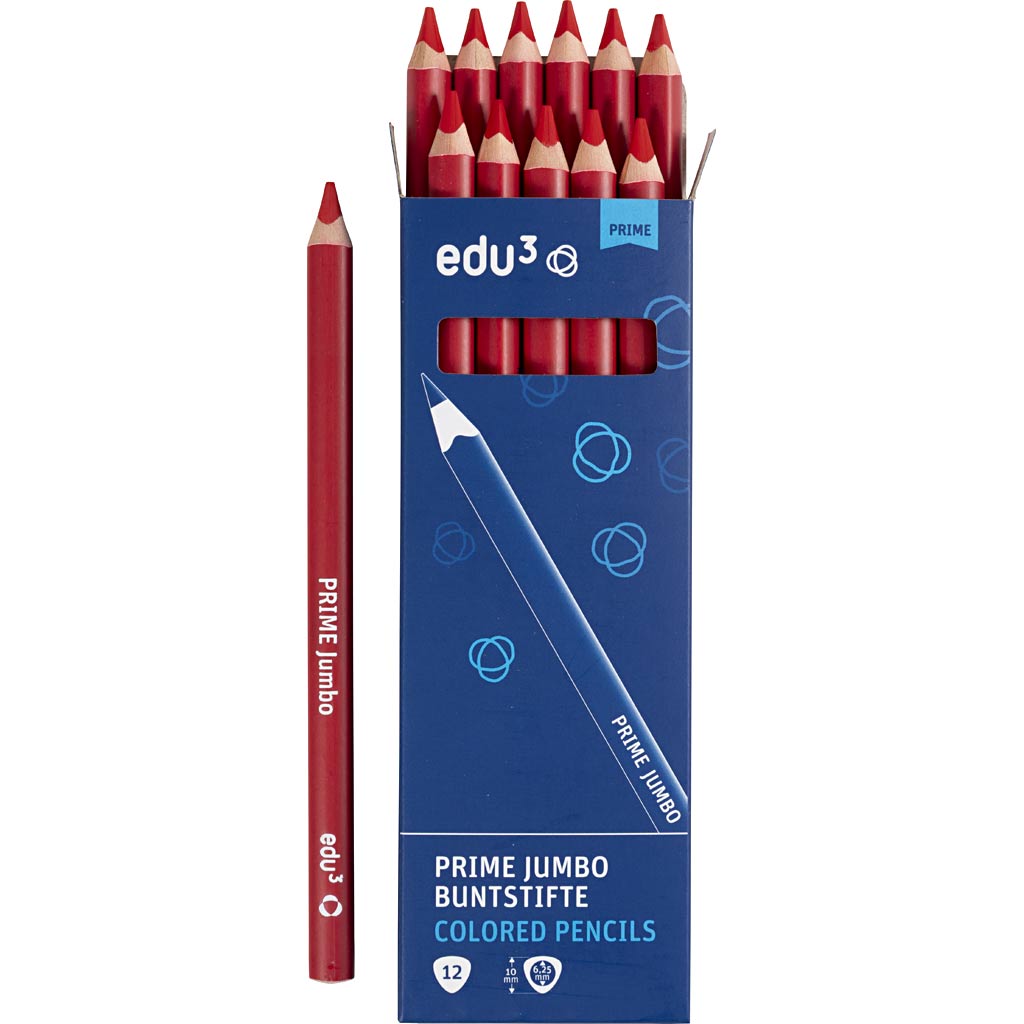 Edu3 matita colorata edu jumbo, spessore 10 mm, mina 6,25 mm, rosso scuro, 12 pezzi 1 scatola