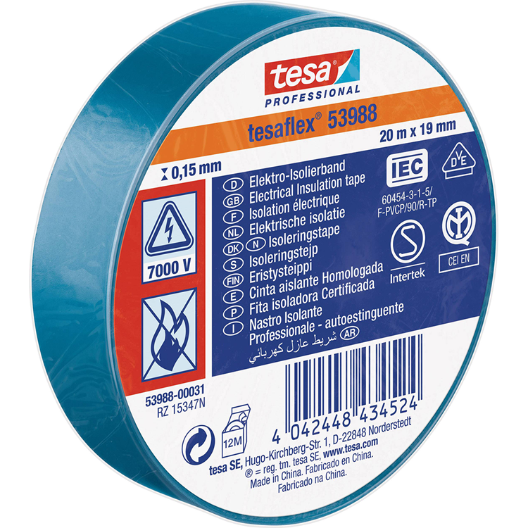 Tesa professional 1064503 - tesa 53988 nastro isolante elettronico 20 m 19 mm blu | 10 pezzi