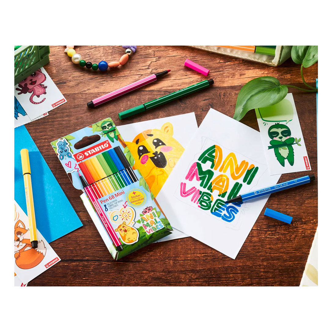 Stabilo pen 68 mini - premium viltstift - animal vibes - etui met 8 kleuren + sticker