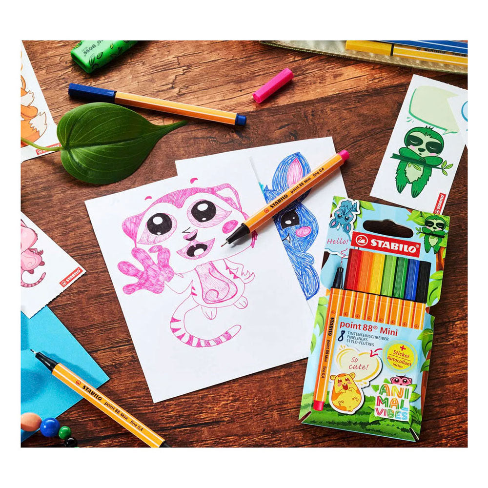 Stabilo point 88 mini - premium fineliner - animal vibes - etui met 8 kleuren + sticker