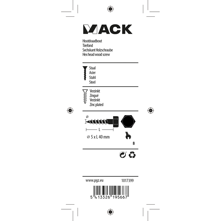 Mack 1017399 - perno roscado para madera acero galvanizado 14 piezas 5 x 40 mm | 10 piezas
