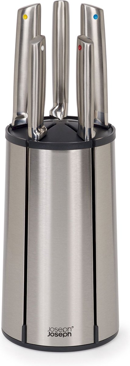 Ceppo rotante Joseph Joseph con 5 coltelli, coltello per sbucciare, coltello seghettato, coltello Santoku, coltello per pane, coltello da chef, acciaio inossidabile, argento - | elevare
