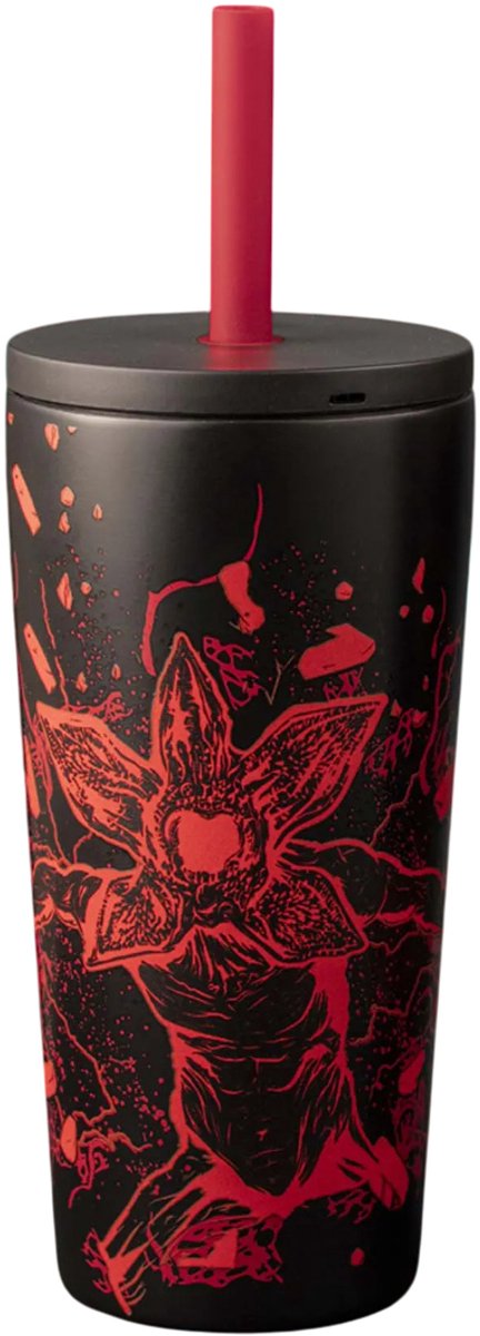Bialetti Stranger Things - tazza thermos con cannuccia - acciaio inossidabile - 600 ml - si illumina al buio - tazza da viaggio