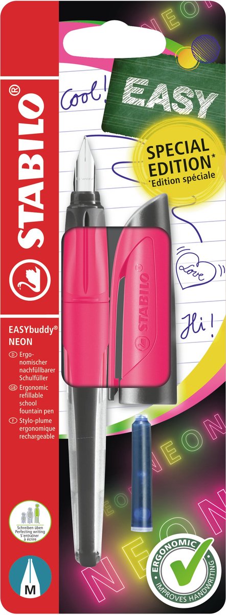Stabilo easybuddy neon - ergonomische vulpen - roze - standaard m punt voor rechtshandigen