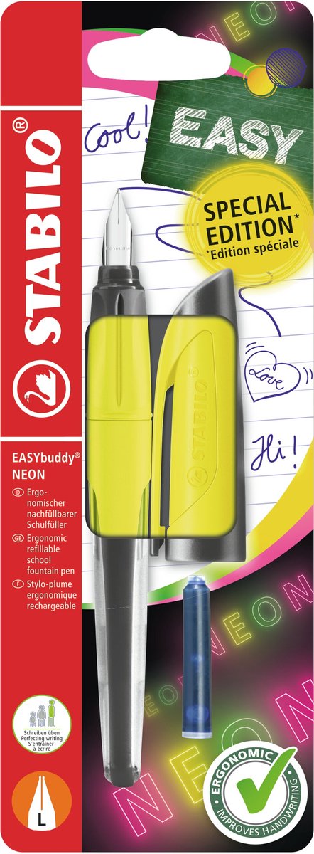 Stabilo easybuddy neon - penna stilografica ergonomica - gialla - pennino a L per mancini