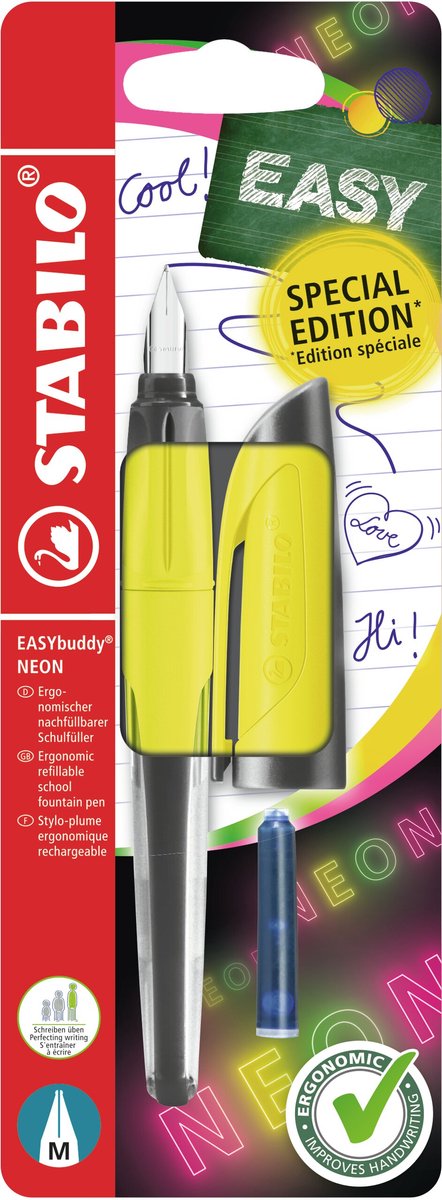 Stabilo easybuddy neon - penna stilografica ergonomica - gialla - pennino m standard per destrimani
