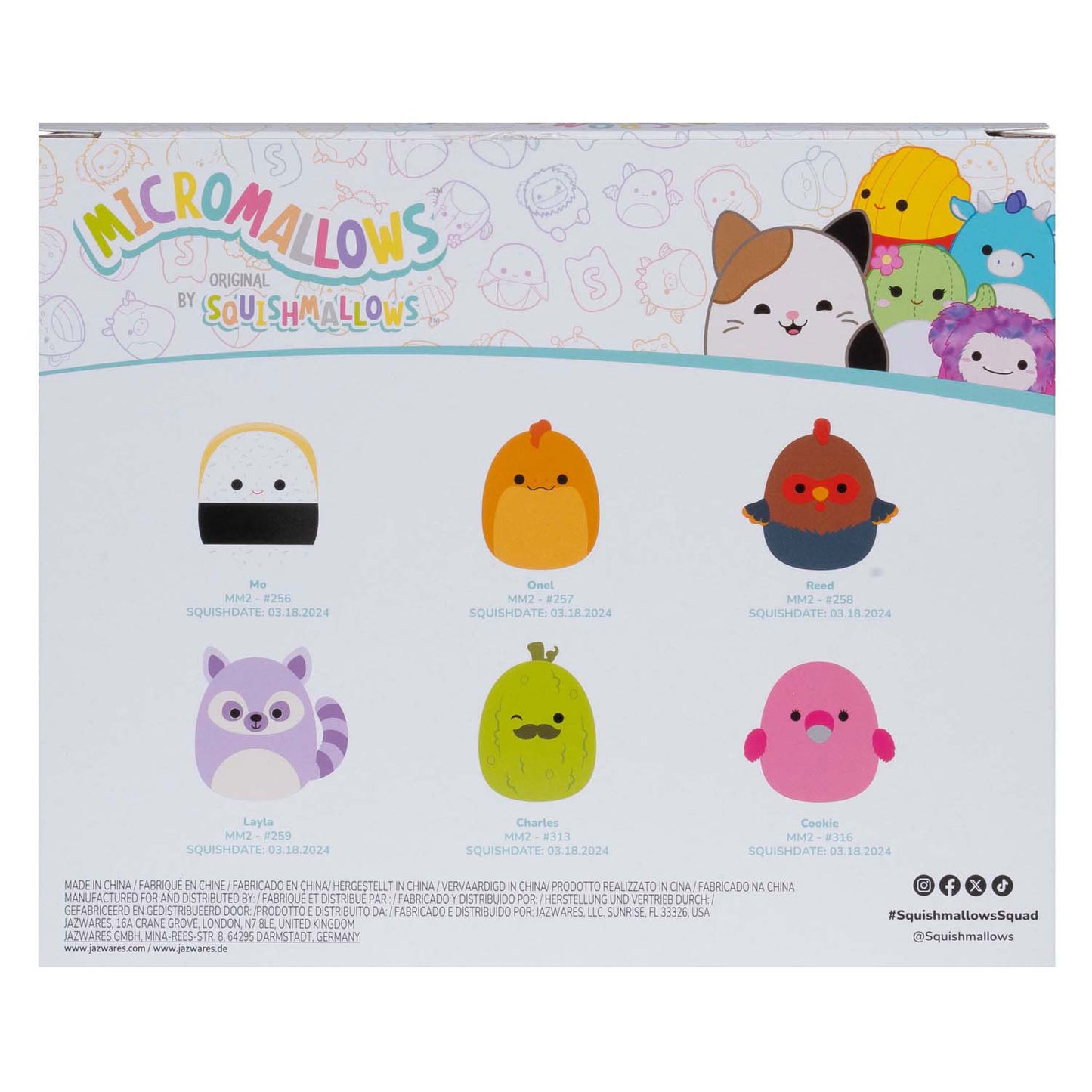 Squishmallows coccoloso peluche micromallows - charles, onel, mo, cookie, reed, layla, confezione da 6