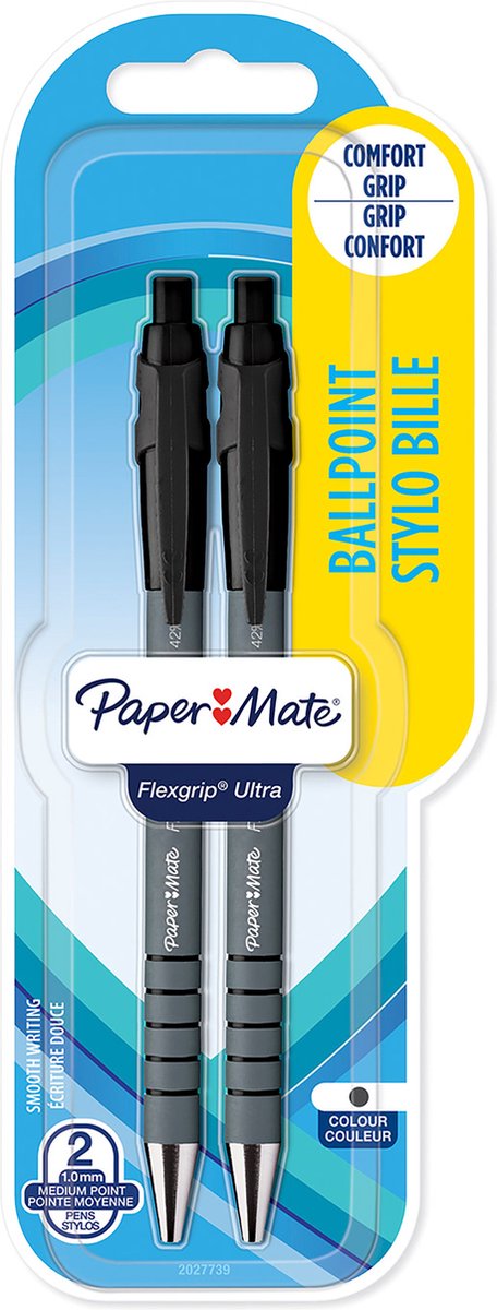Penne a sfera Paper Mate FlexGrip Ultra con pulsante | punto medio (1,0 mm) | nero | 2 pezzi