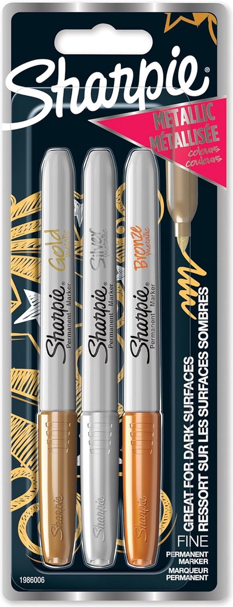 Pennarelli permanenti metallici Sharpie | bel punto | inchiostro oro, argento e bronzo | 3 pezzi