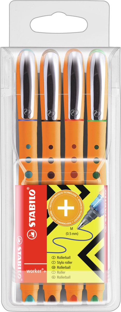 Stabilo worker - rollerball - medium 0,5 mm - etui met 4 kleuren