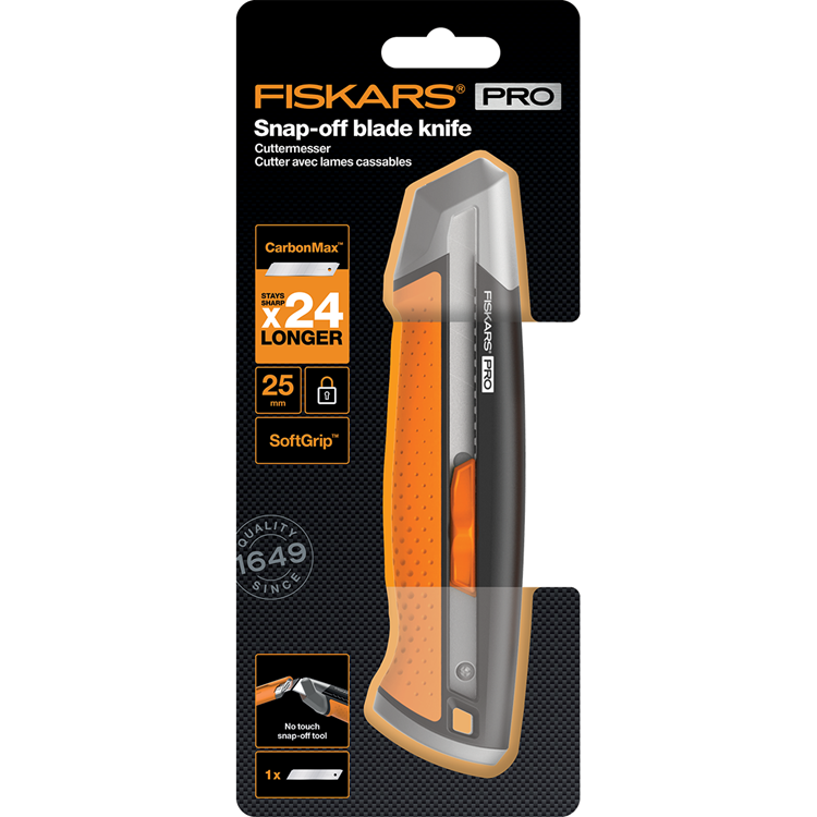 Fiskars carbonmax - universeel mes - 25mm - ergonomische softgrip - metalen korpus
