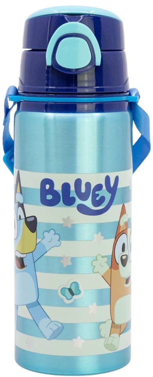 Borraccia per bambini Bluey - 730 ml - alluminio - con bottone a pressione - senza BPA - borraccia riutilizzabile con cordino - design bingo