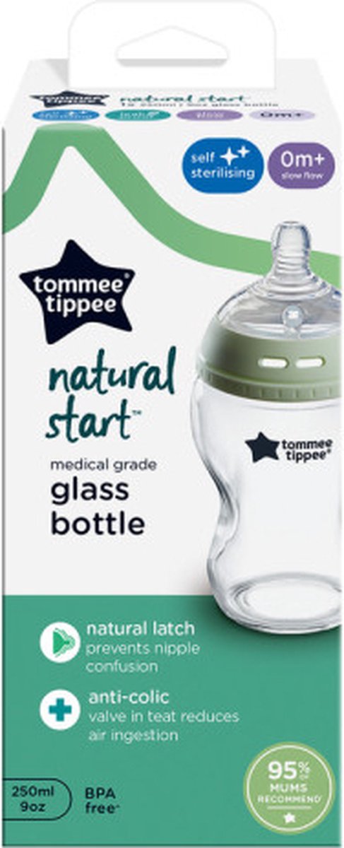 Biberon in vetro Tommee Tippee Natural Start - set di 1 biberon da 250 ml - flusso basso 0 mesi+