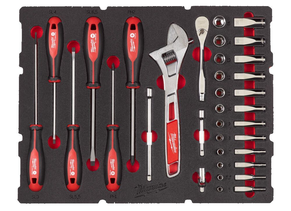 Accesorios Milwaukee 1 4 juego de trinquete, casquillo, destornillador y llave con incrustaciones de espuma de 35 piezas - 4932480717
