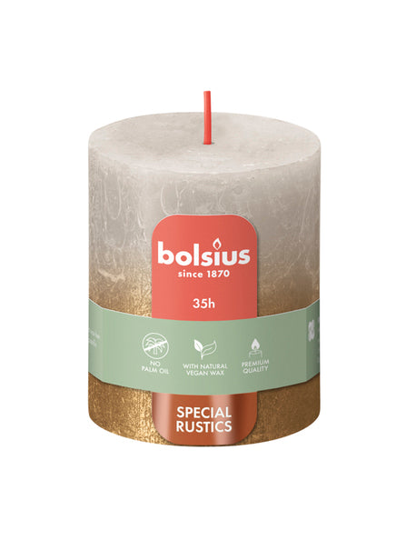 Vela pilar Bolsius gris arena + oro ø68x80 mm 35 horas (4 piezas)