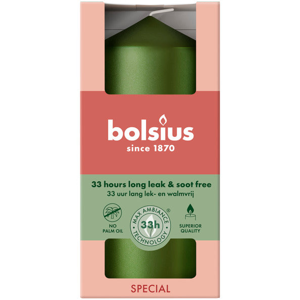Vela de pilar Bolsius verde metalizado ø58x120 mm 33 horas (6 piezas)