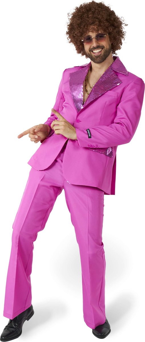 Disfraz de discoteca Suitmeister - traje de hombre - ropa de carnaval - disfraz de fiebre del sábado por la noche - incluye chaqueta y pantalones acampanados - rosa - talla: m