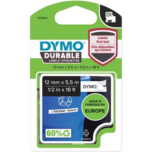 Nastro per etichette Dymo D1 in vinile resistente 12 mm x 5,5 m nero su bianco
