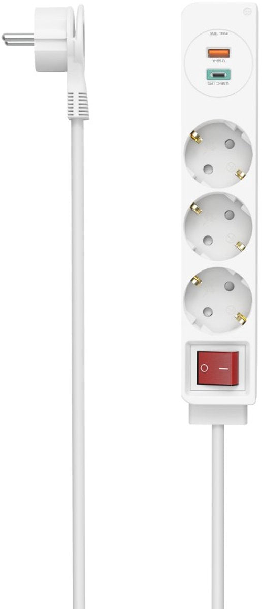 Regleta Hama de 3 vías con interruptor - 1x USB-A, 1x USB-C - 1,4 m. - blanco