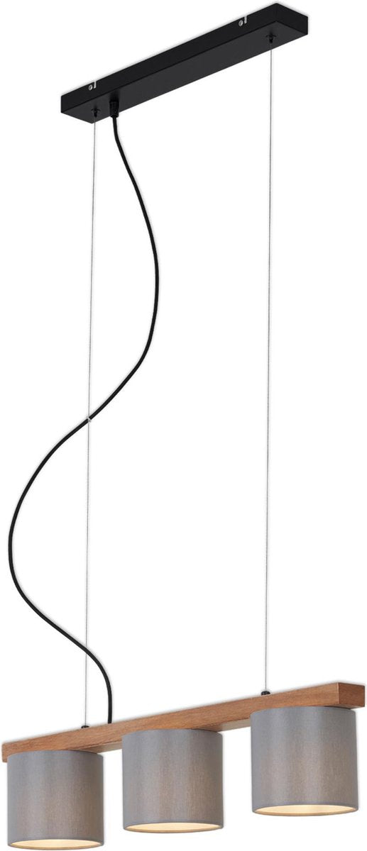 Briloner leuchten stile legno - lampada a sospensione - 3 luci - e14 max. 25w - paralume: grigio - materiale: metallo-legno e tessuto