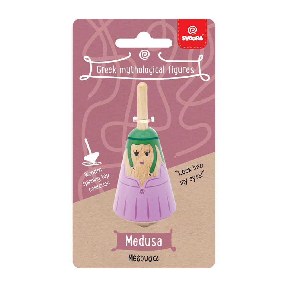Trottola greca in legno: medusa 3,5x3,5x8 cm.