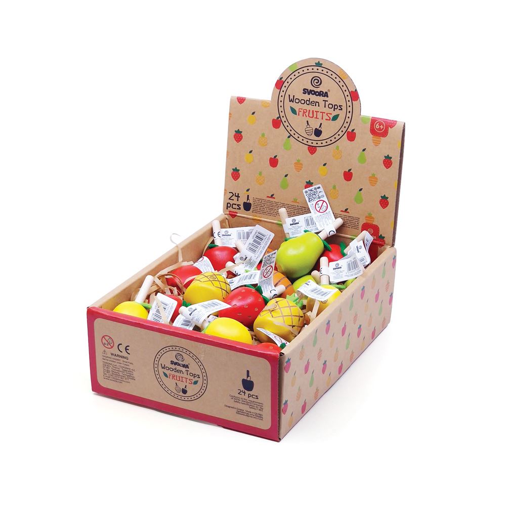 Dsp. fruta de peonza de madera. 6 diseños. 24 seg